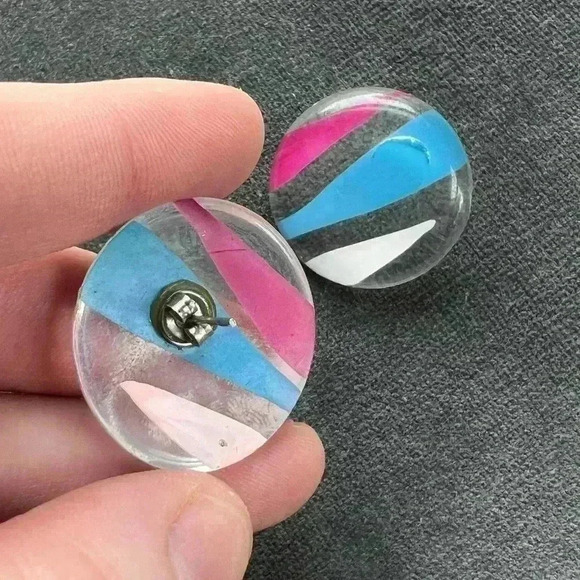 Vintage Pink & Blue Acrylic Earrings Circular 80s fun boho - Picture 4 of 6